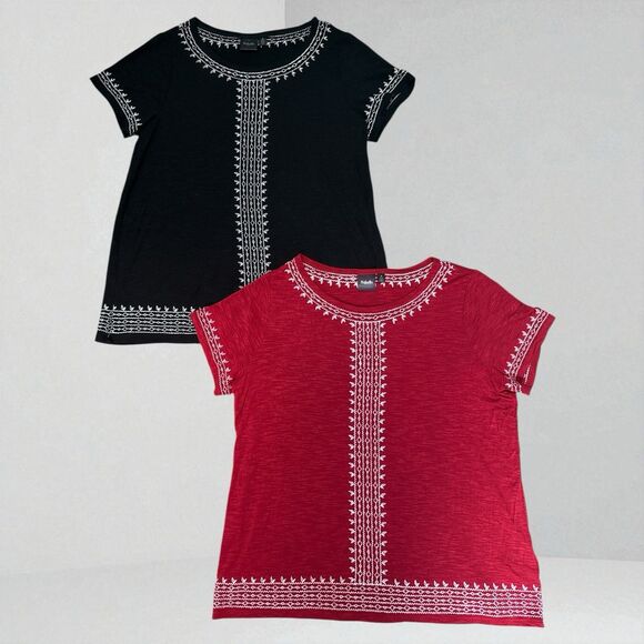 Rafaella Tops - Rafaella Tops Women’s Size M Embroidered Red Black Short Sleeve Boho Lot Of 2